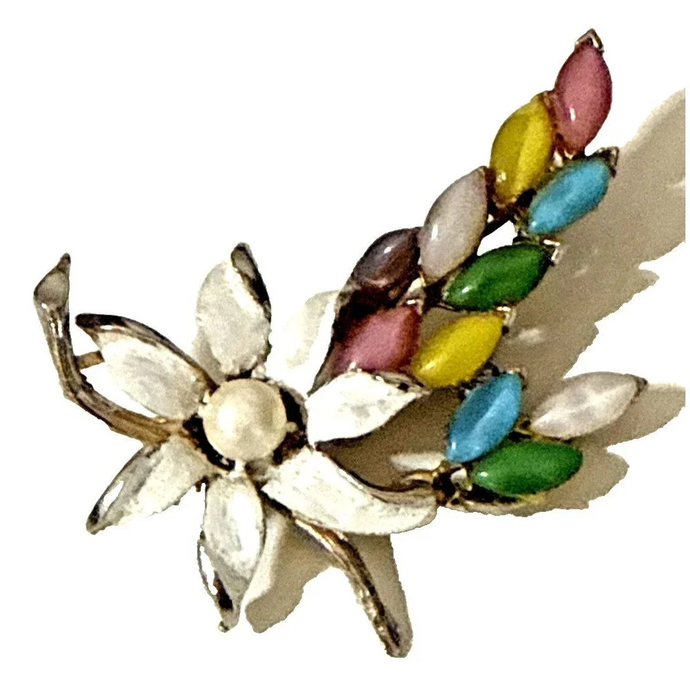 Vintage Floral Brooch Purple Pink Blue Yellow Cabochon White Enamel Pin 2.5